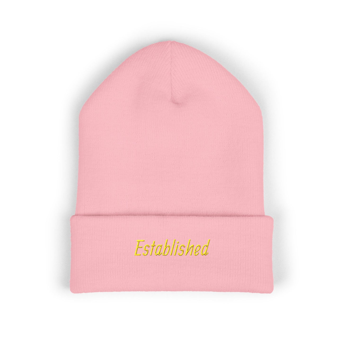 Established Embroidered Cuffed Beanie — Cozy Knit Hat with Script Text