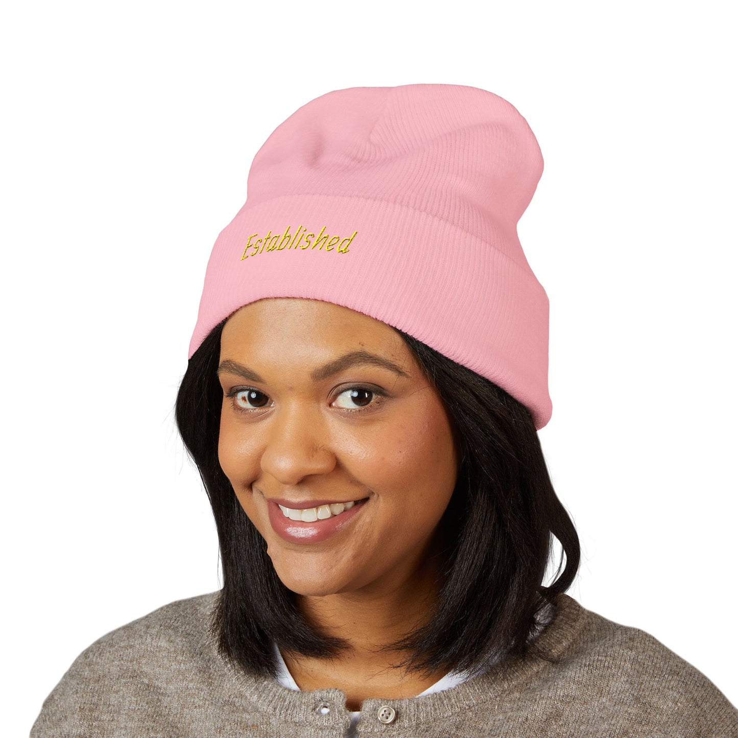 Established Embroidered Cuffed Beanie — Cozy Knit Hat with Script Text