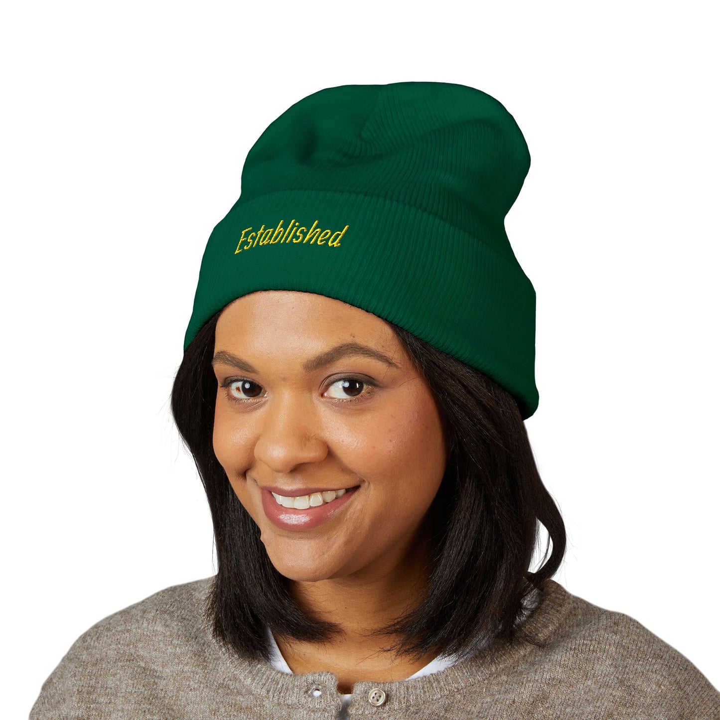 Established Embroidered Cuffed Beanie — Cozy Knit Hat with Script Text