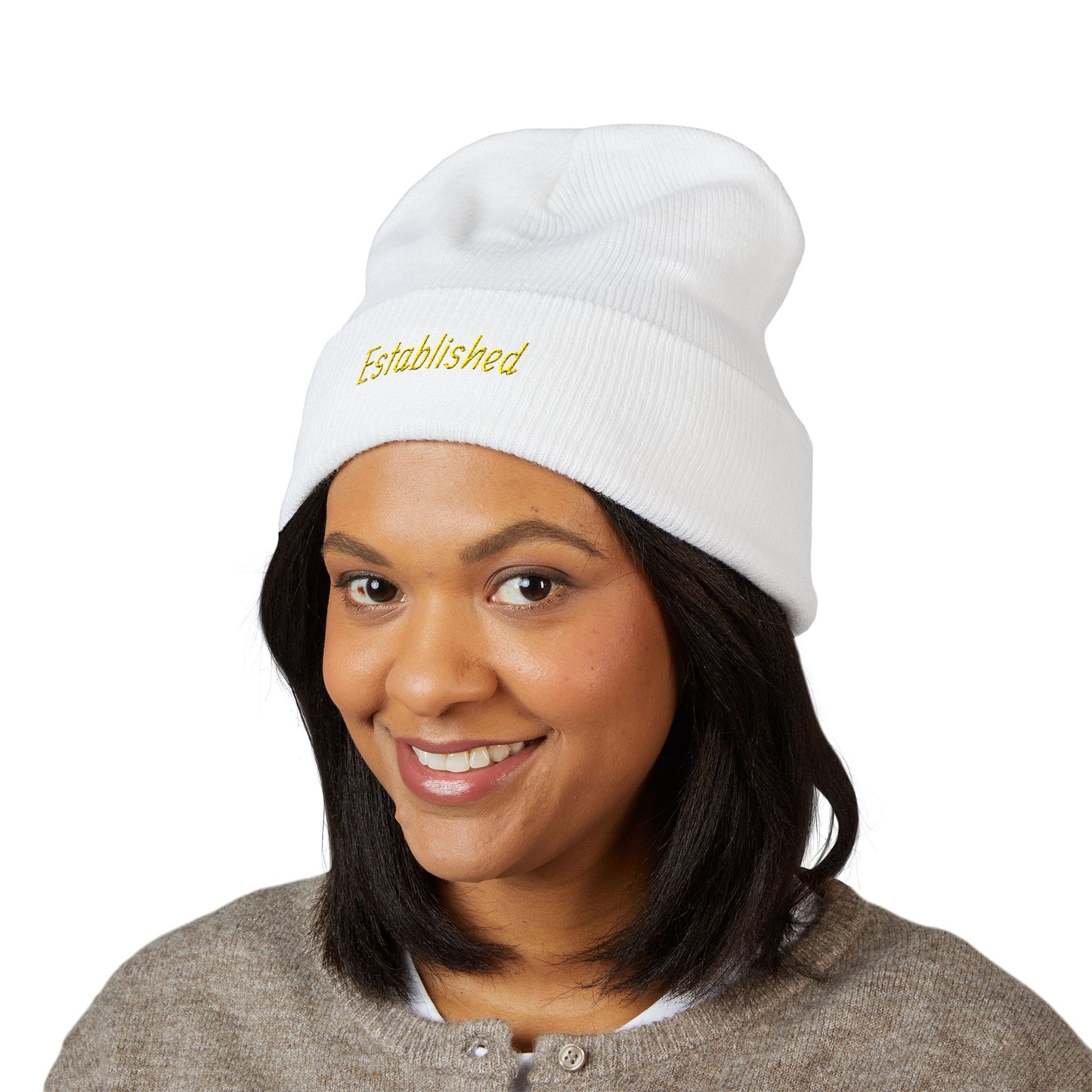 Established Embroidered Cuffed Beanie — Cozy Knit Hat with Script Text