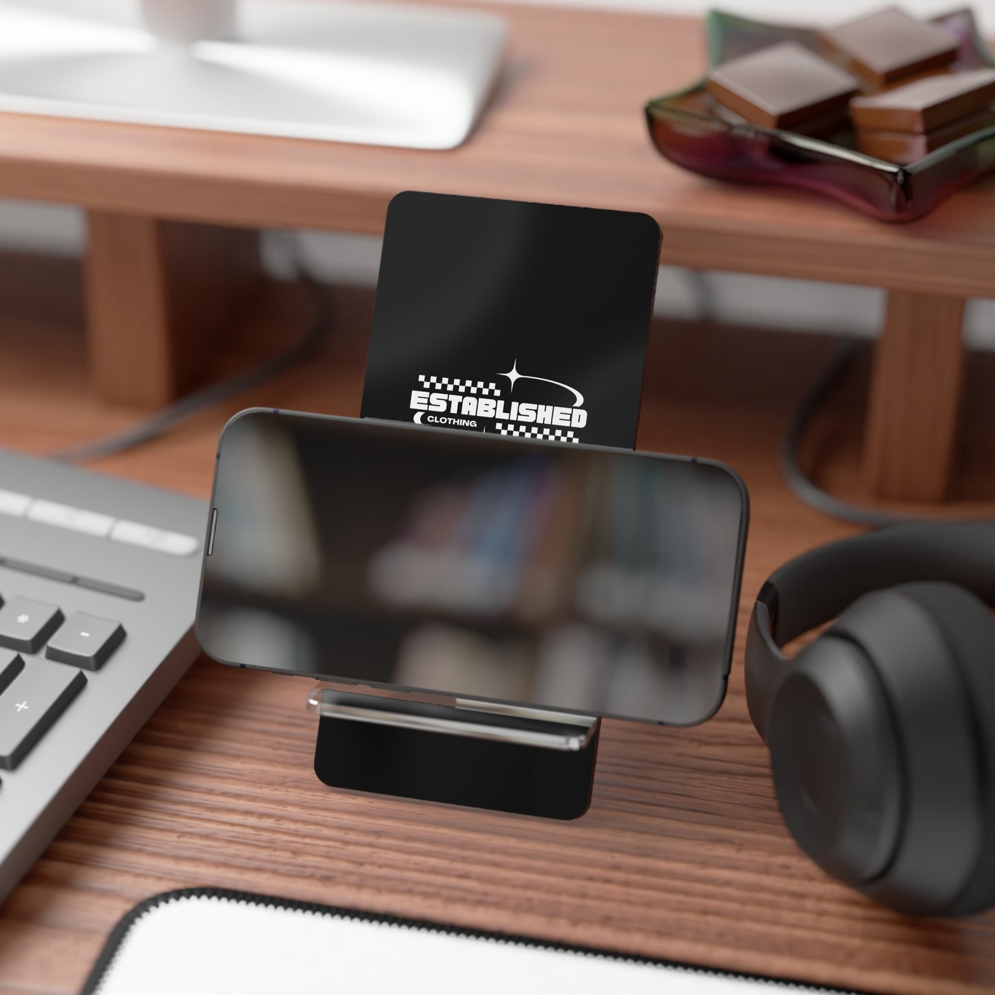 Acrylic Smartphone Stand – 'Established' Retro Logo Mobile Display Dock
