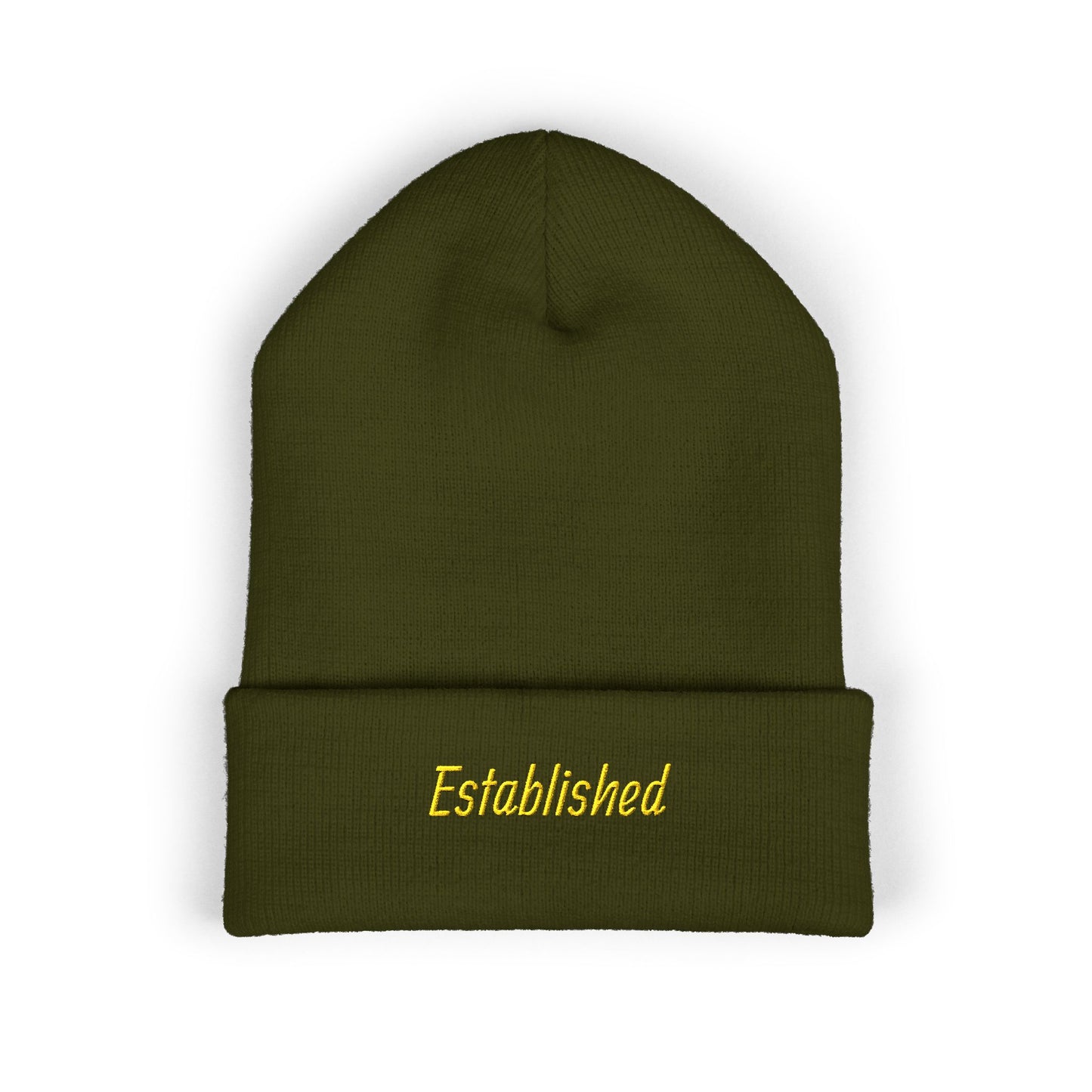 Established Embroidered Cuffed Beanie — Cozy Knit Hat with Script Text