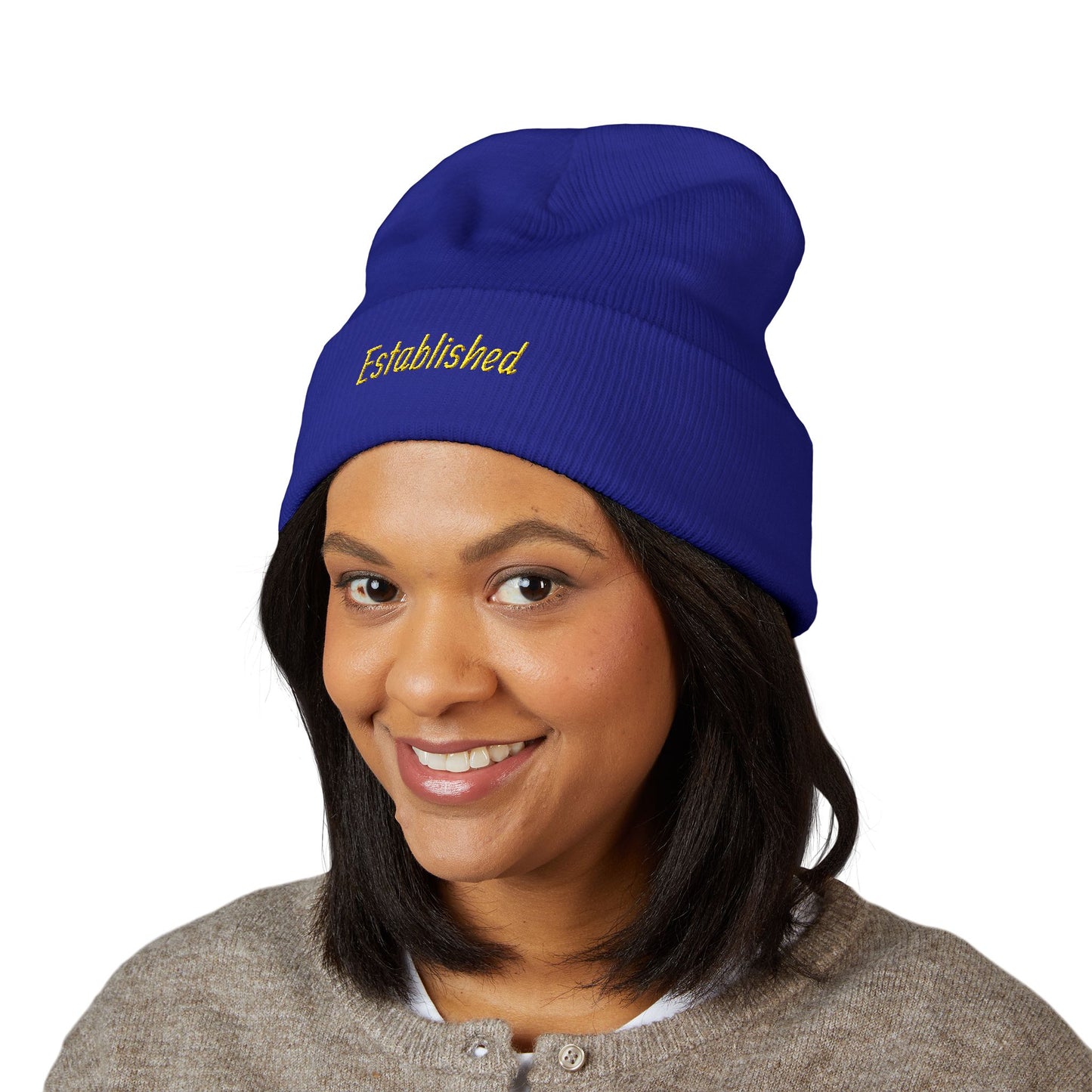 Established Embroidered Cuffed Beanie — Cozy Knit Hat with Script Text