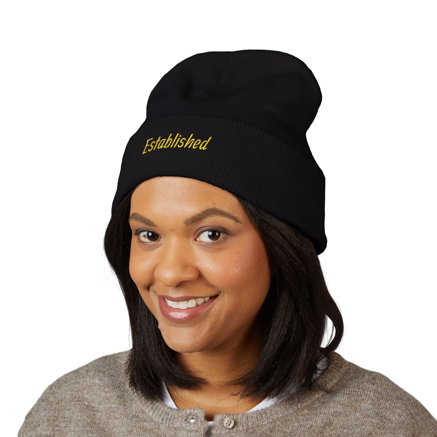 Established Embroidered Cuffed Beanie — Cozy Knit Hat with Script Text
