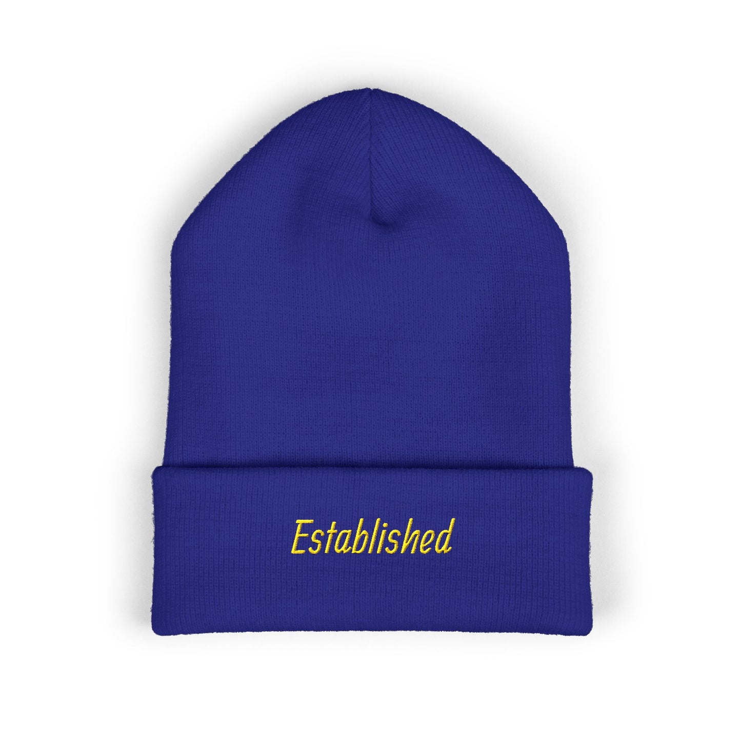 Established Embroidered Cuffed Beanie — Cozy Knit Hat with Script Text