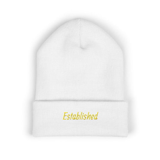 Established Embroidered Cuffed Beanie — Cozy Knit Hat with Script Text
