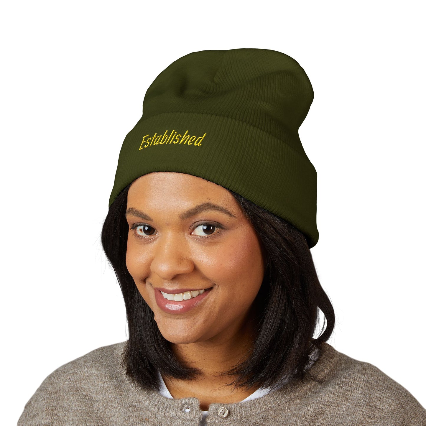 Established Embroidered Cuffed Beanie — Cozy Knit Hat with Script Text