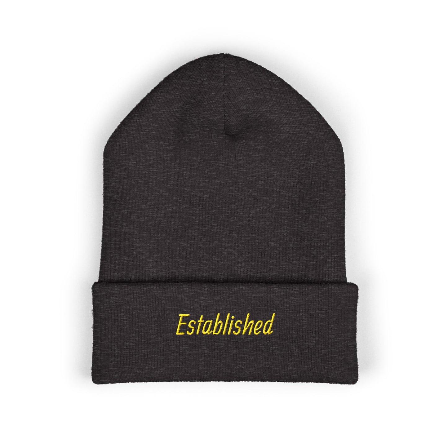 Established Embroidered Cuffed Beanie — Cozy Knit Hat with Script Text