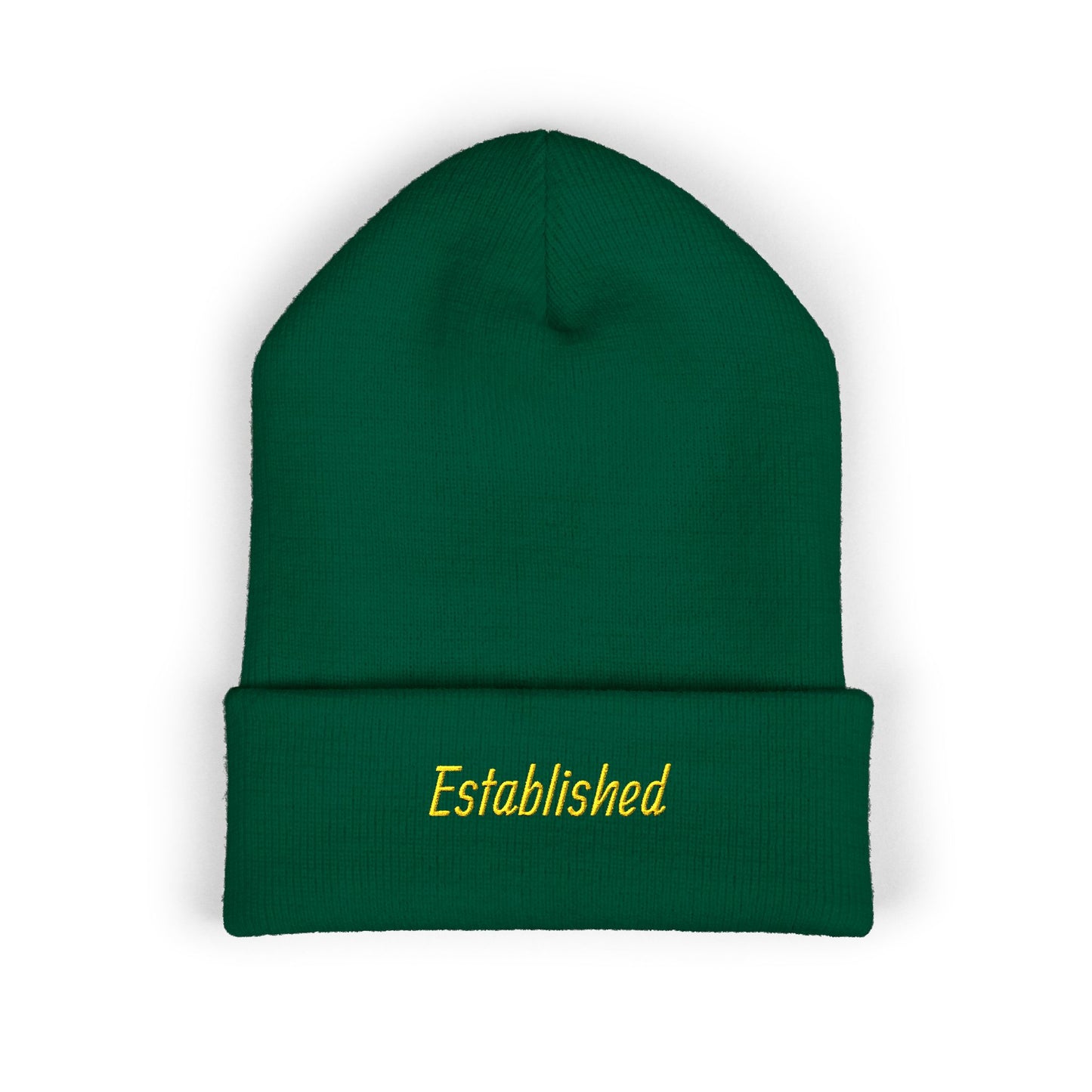 Established Embroidered Cuffed Beanie — Cozy Knit Hat with Script Text