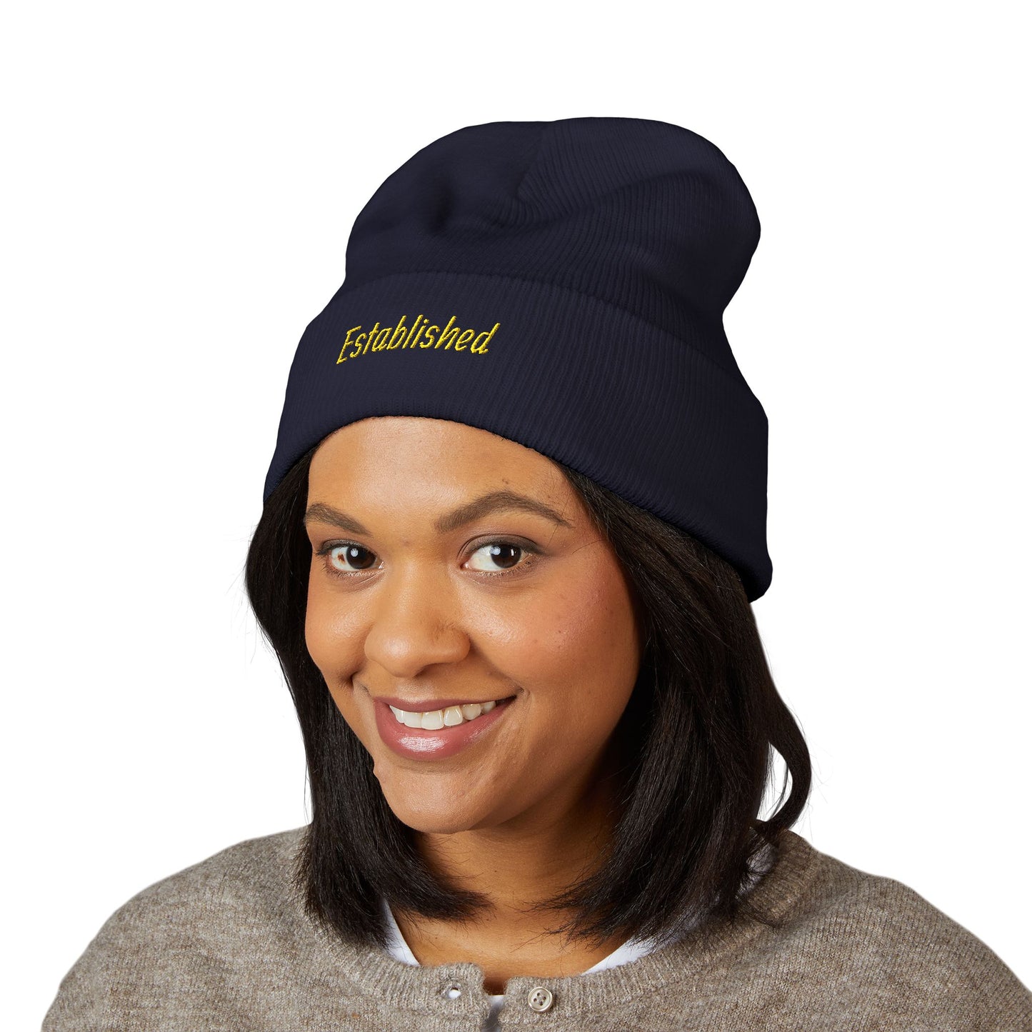 Established Embroidered Cuffed Beanie — Cozy Knit Hat with Script Text