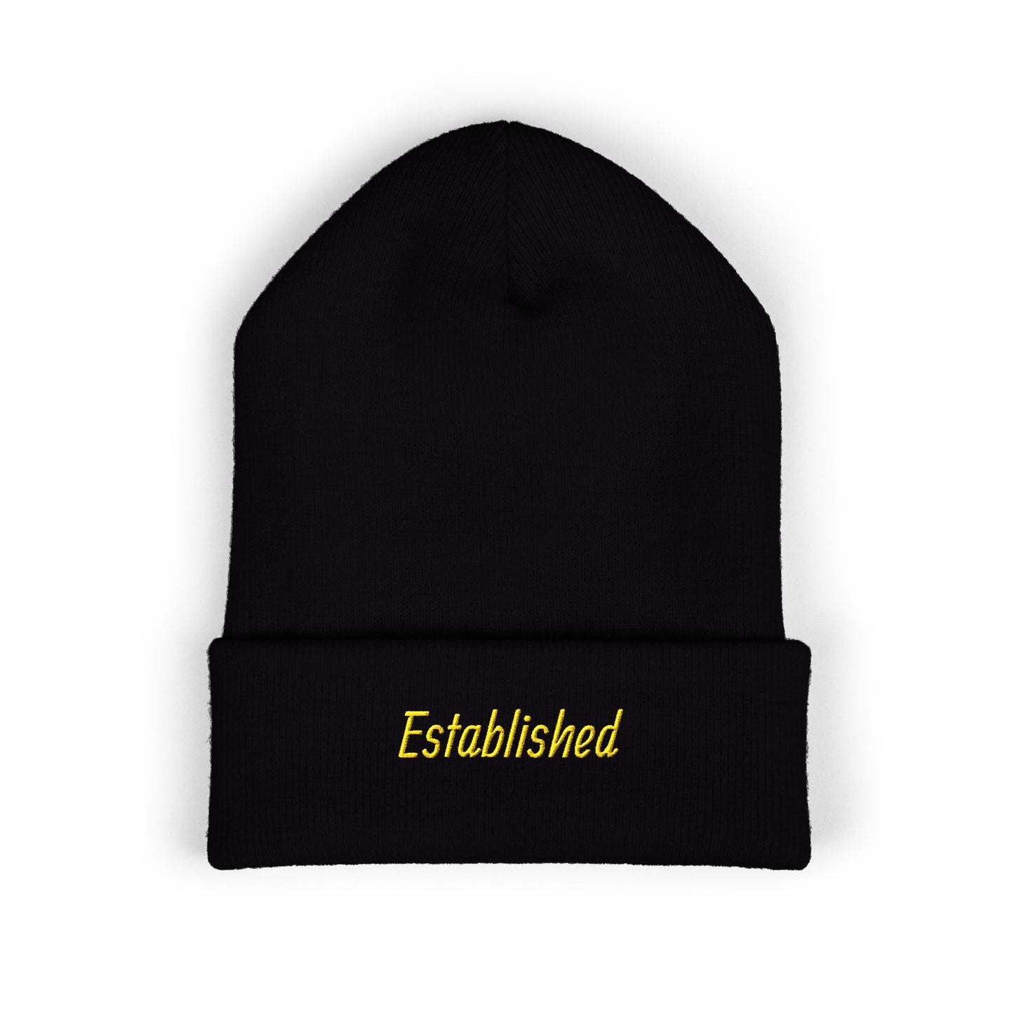 Established Embroidered Cuffed Beanie — Cozy Knit Hat with Script Text