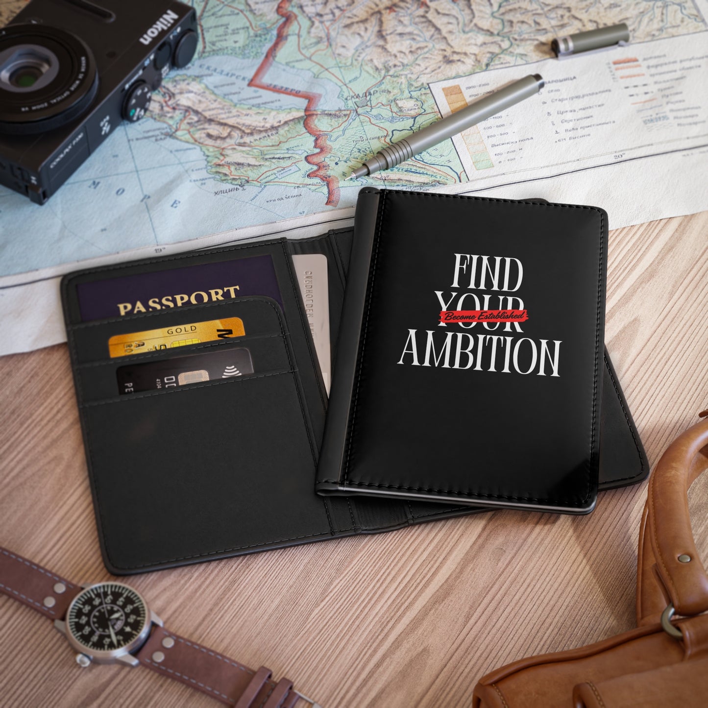 Passport Cover — "Find Your Ambition" Motivational Leather Passport Holder