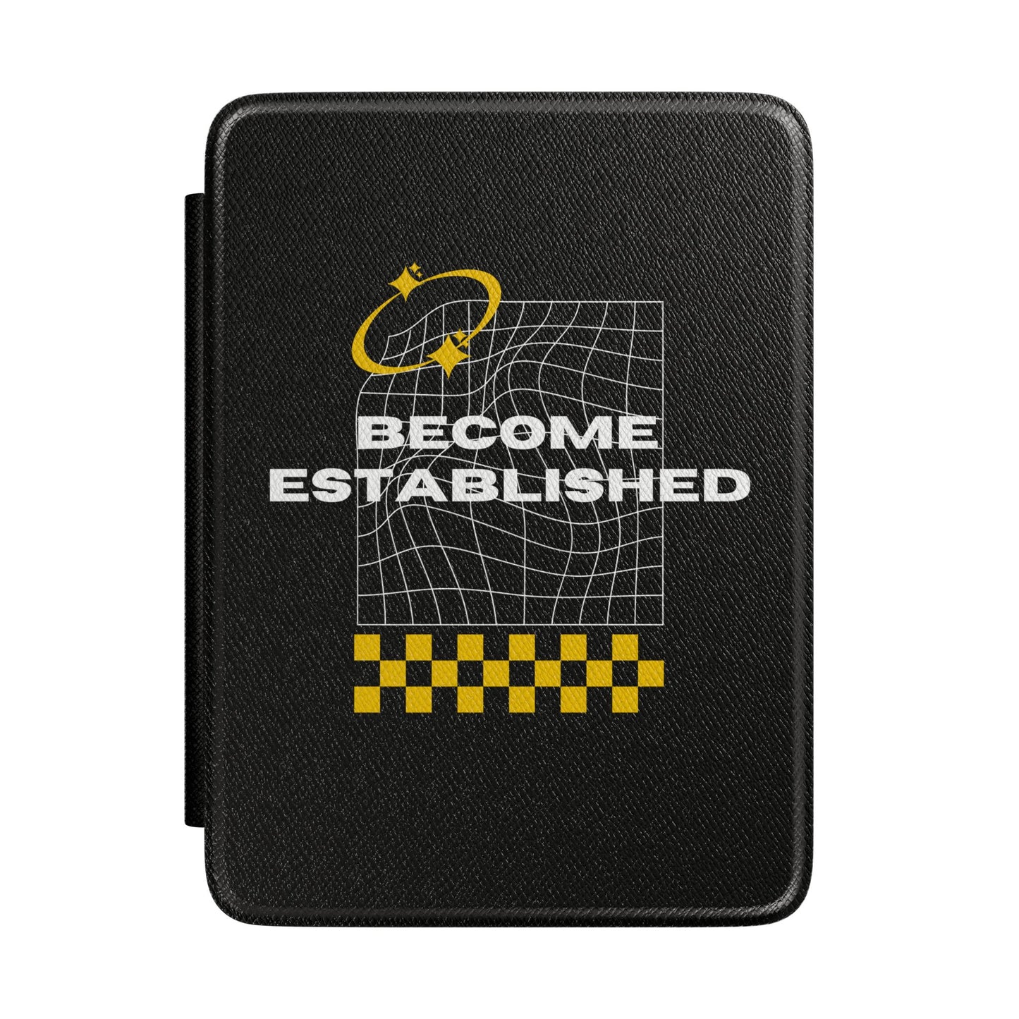 Kindle Case — "Become Established" Retro Grid Design with Yellow Checkered Accent