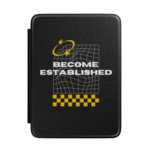 Kindle Case — "Become Established" Retro Grid Design with Yellow Checkered Accent