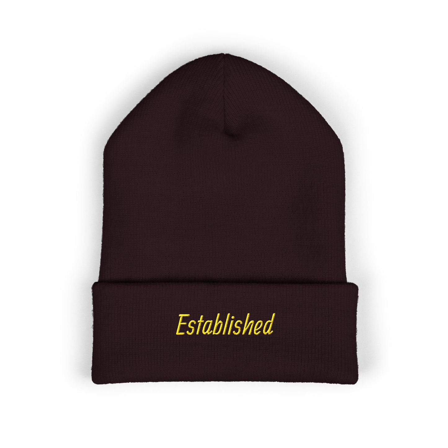 Established Embroidered Cuffed Beanie — Cozy Knit Hat with Script Text