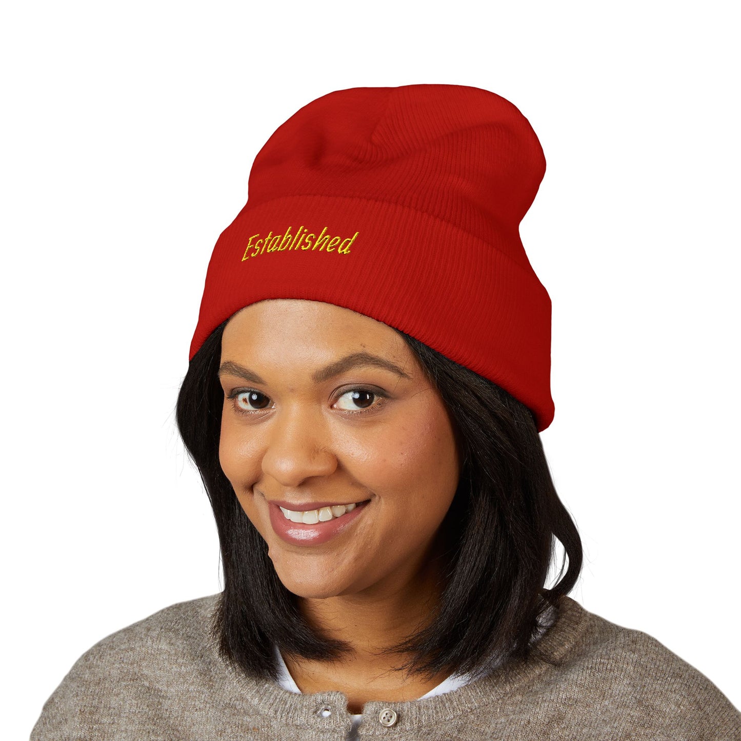 Established Embroidered Cuffed Beanie — Cozy Knit Hat with Script Text