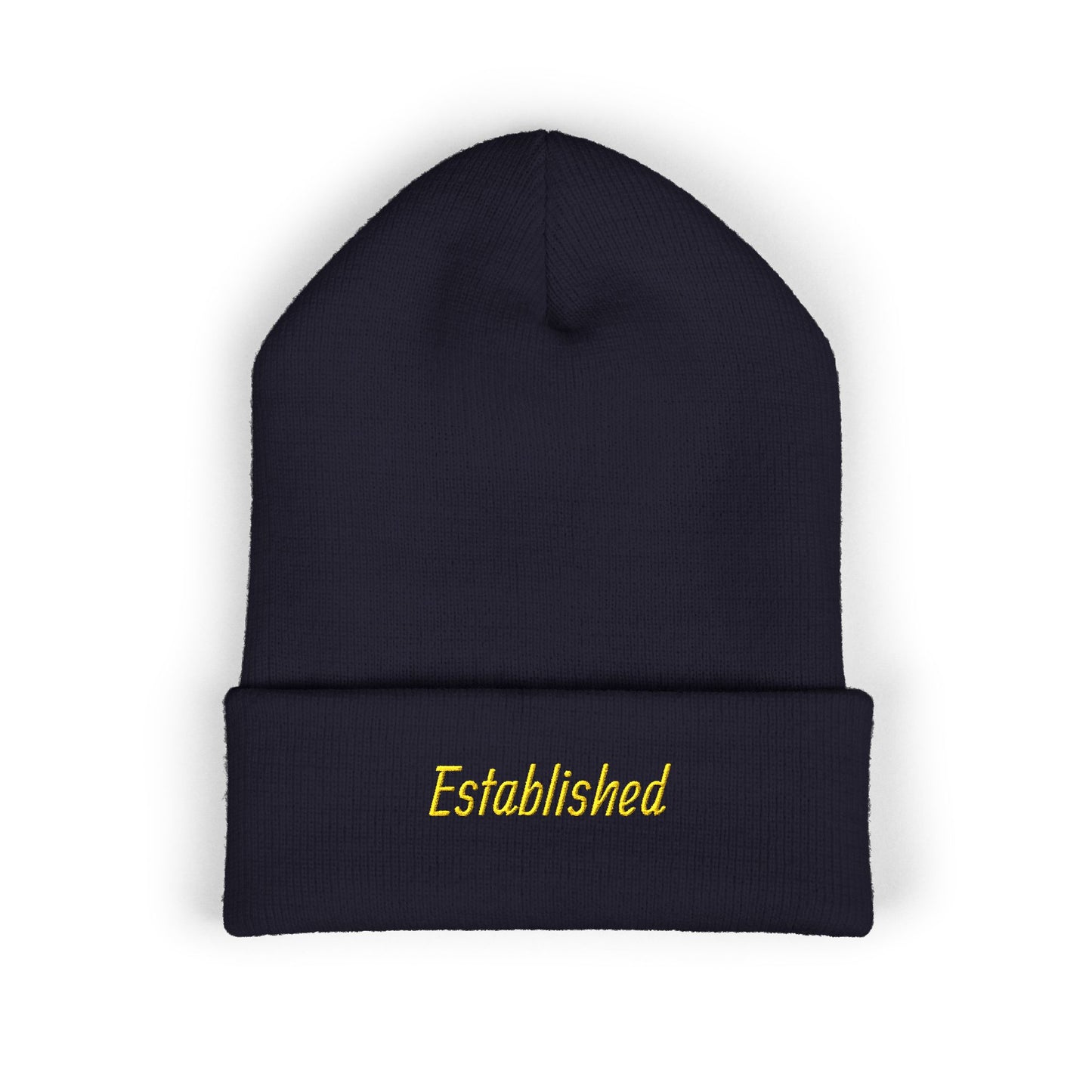 Established Embroidered Cuffed Beanie — Cozy Knit Hat with Script Text